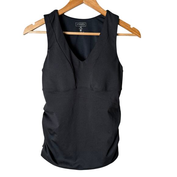 Athleta Black V-Neck Tank Top 34 A‎ Built-in Support Bra Ruched Sides - Picture 1 of 10